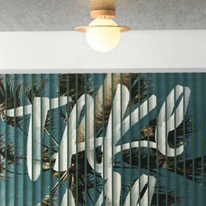 Traditional Japanese Glass Wood Planet Round 1-Light Semi-Flush Mount Lighting For Living Room