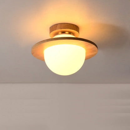 Traditional Japanese Glass Wood Planet Round 1-Light Semi-Flush Mount Lighting For Living Room