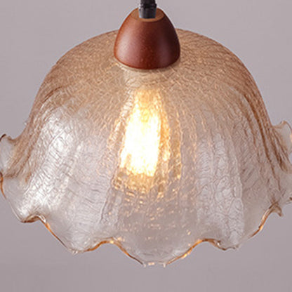 Traditional Vintage Glass Ash Wood Metal Flower-Shaped Round 1-Light Pendant Light For Living Room