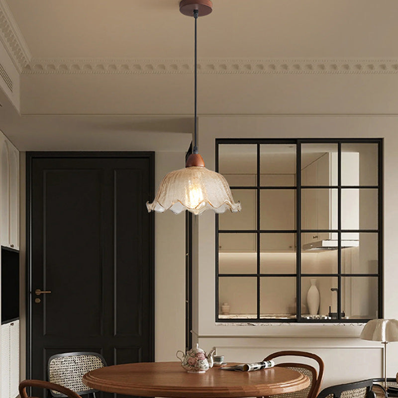 Traditional Vintage Glass Ash Wood Metal Flower-Shaped Round 1-Light Pendant Light For Living Room