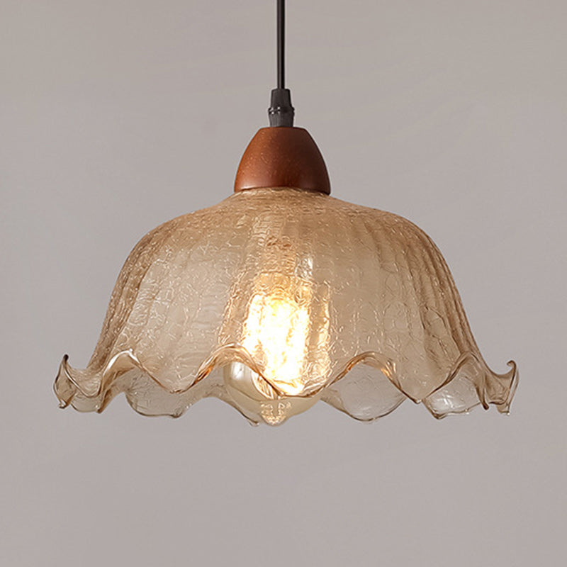 Traditional Vintage Glass Ash Wood Metal Flower-Shaped Round 1-Light Pendant Light For Living Room