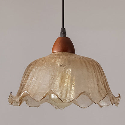 Traditional Vintage Glass Ash Wood Metal Flower-Shaped Round 1-Light Pendant Light For Living Room