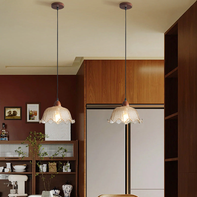Traditional Vintage Glass Ash Wood Metal Flower-Shaped Round 1-Light Pendant Light For Living Room