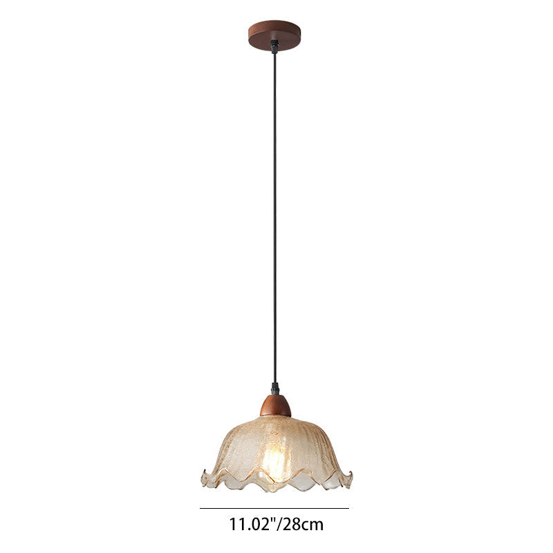 Traditional Vintage Glass Ash Wood Metal Flower-Shaped Round 1-Light Pendant Light For Living Room