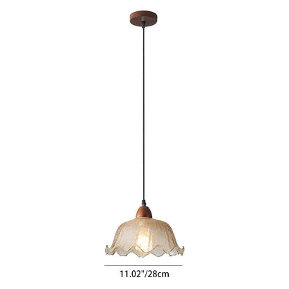 Traditional Vintage Glass Ash Wood Metal Flower-Shaped Round 1-Light Pendant Light For Living Room