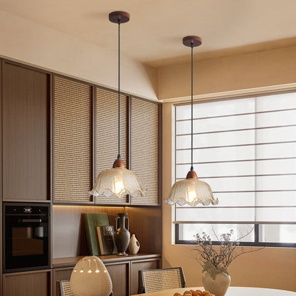 Traditional Vintage Glass Ash Wood Metal Flower-Shaped Round 1-Light Pendant Light For Living Room