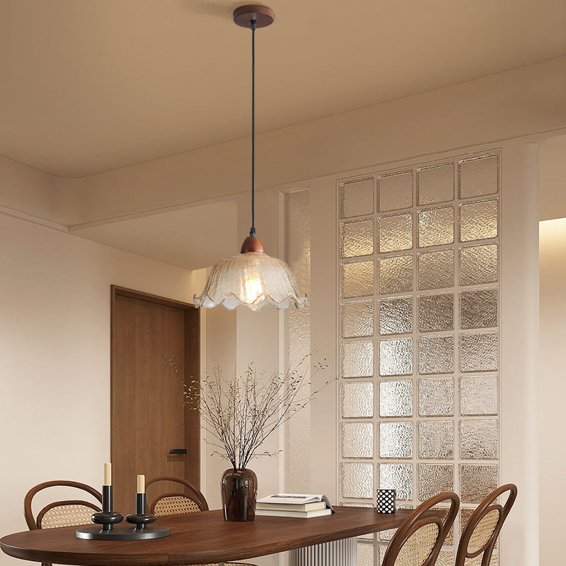 Traditional Vintage Glass Ash Wood Metal Flower-Shaped Round 1-Light Pendant Light For Living Room