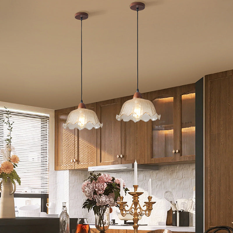 Traditional Vintage Glass Ash Wood Metal Flower-Shaped Round 1-Light Pendant Light For Living Room