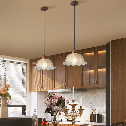 Traditional Vintage Glass Ash Wood Metal Flower-Shaped Round 1-Light Pendant Light For Living Room