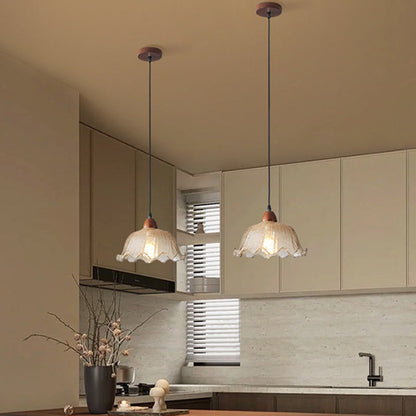 Traditional Vintage Glass Ash Wood Metal Flower-Shaped Round 1-Light Pendant Light For Living Room