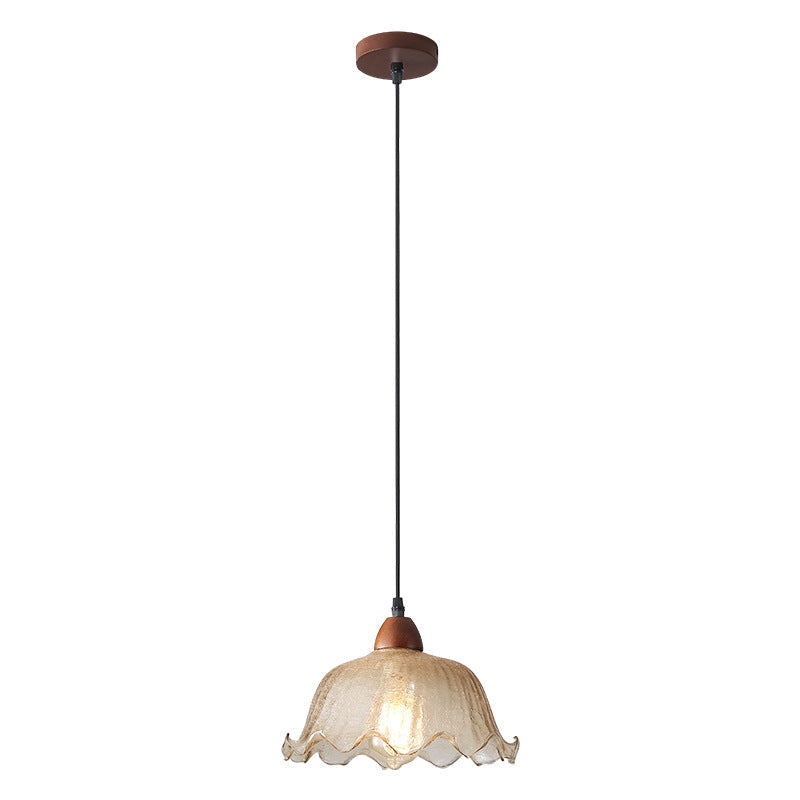 Traditional Vintage Glass Ash Wood Metal Flower-Shaped Round 1-Light Pendant Light For Living Room