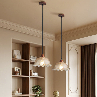 Traditional Vintage Glass Ash Wood Metal Flower-Shaped Round 1-Light Pendant Light For Living Room