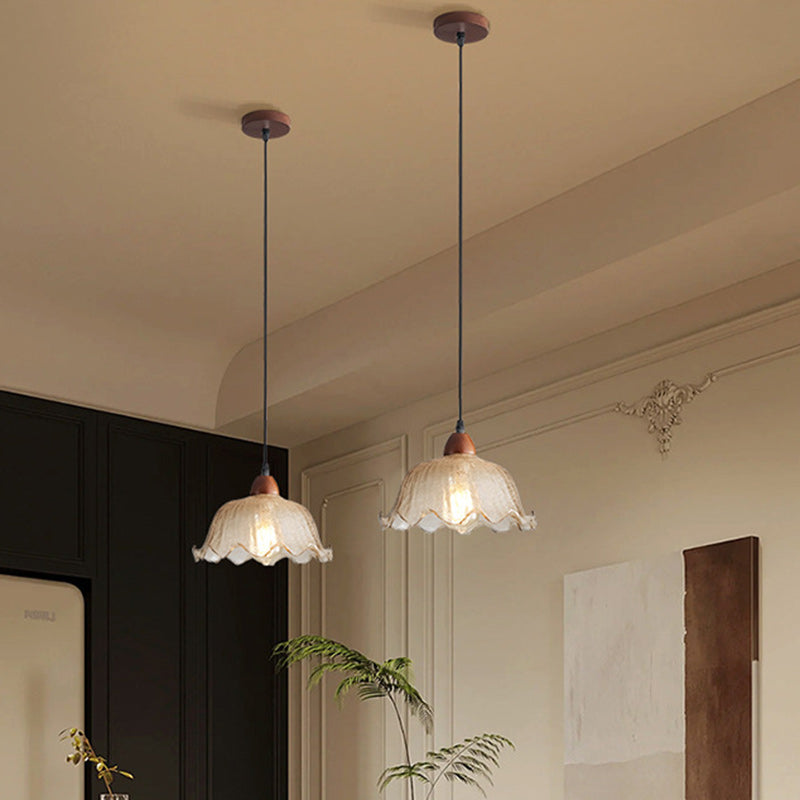 Traditional Vintage Glass Ash Wood Metal Flower-Shaped Round 1-Light Pendant Light For Living Room