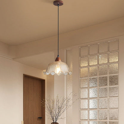 Traditional Vintage Glass Ash Wood Metal Flower-Shaped Round 1-Light Pendant Light For Living Room