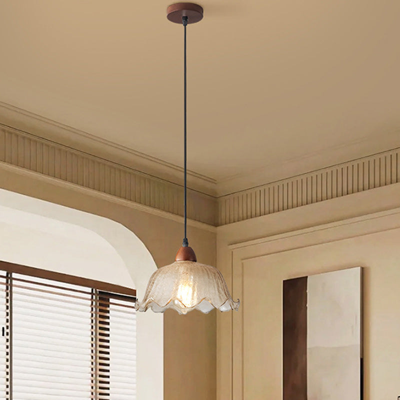 Traditional Vintage Glass Ash Wood Metal Flower-Shaped Round 1-Light Pendant Light For Living Room