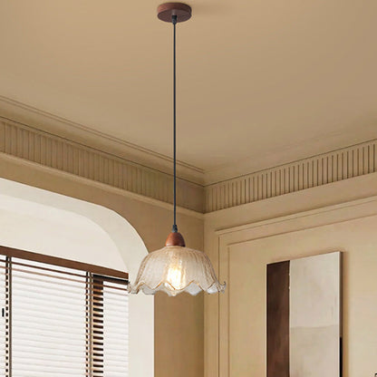Traditional Vintage Glass Ash Wood Metal Flower-Shaped Round 1-Light Pendant Light For Living Room