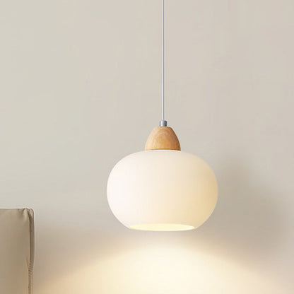 Contemporary Scandinavian Glass Solid Wood Persimmon Round 1-Light Pendant Light For Living Room