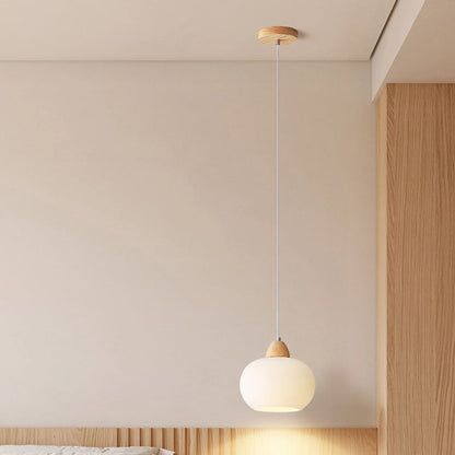 Contemporary Scandinavian Glass Solid Wood Persimmon Round 1-Light Pendant Light For Living Room