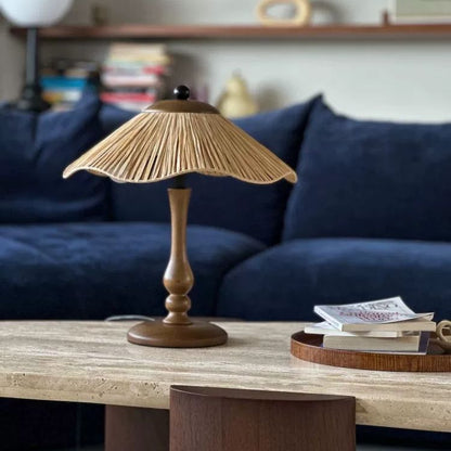 Traditional Chinese Woven Grass Solid Wood Iron Umbrella Round 1-Light Table Lamp For Bedroom