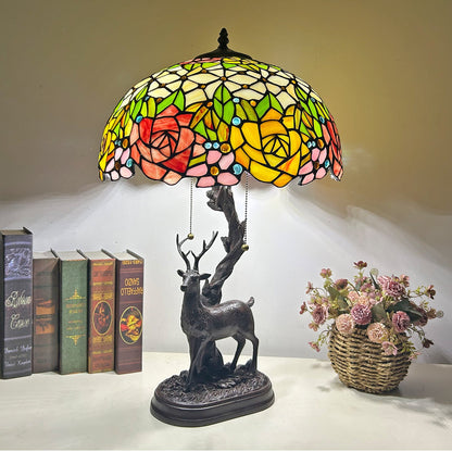 Traditional Tiffany Glass Iron Dome Deer Base Rose Flower 2-Light Table Lamp For Bedroom