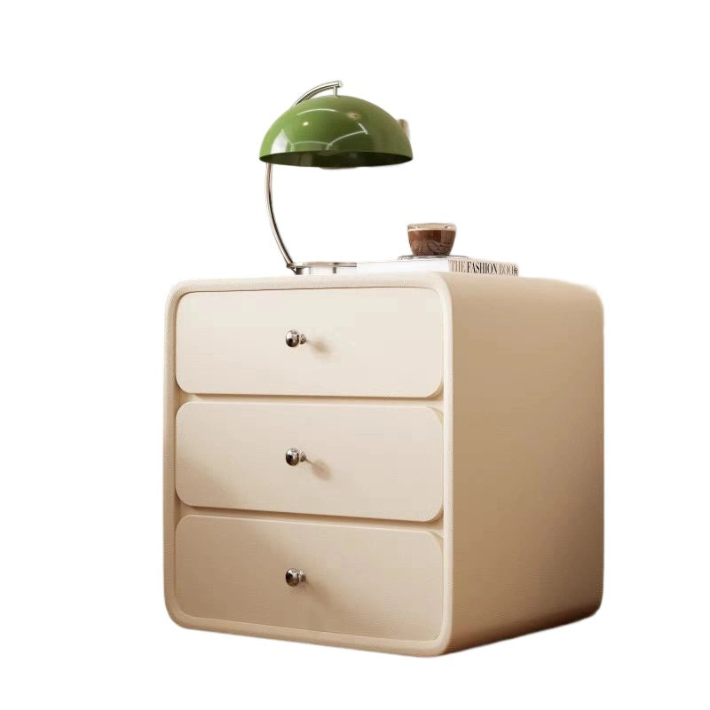 Modern Luxury Cat Scratch Leather Solid Wood Rounded Rectangular Nightstand With 3 Drawers For Bedroom