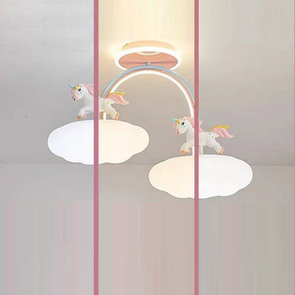 Contemporary Creative Unicorn Cloud Resin Acrylic Iron LED Semi-Flush Mount Ceiling Light For Bedroom