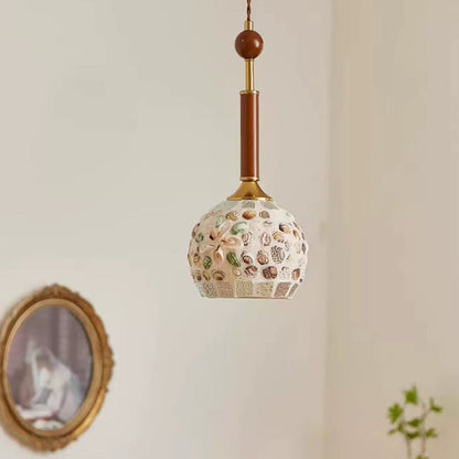 Contemporary Creative Cylinder Glass Wooden Shell Iron 1-Light Pendant Light For Bedroom