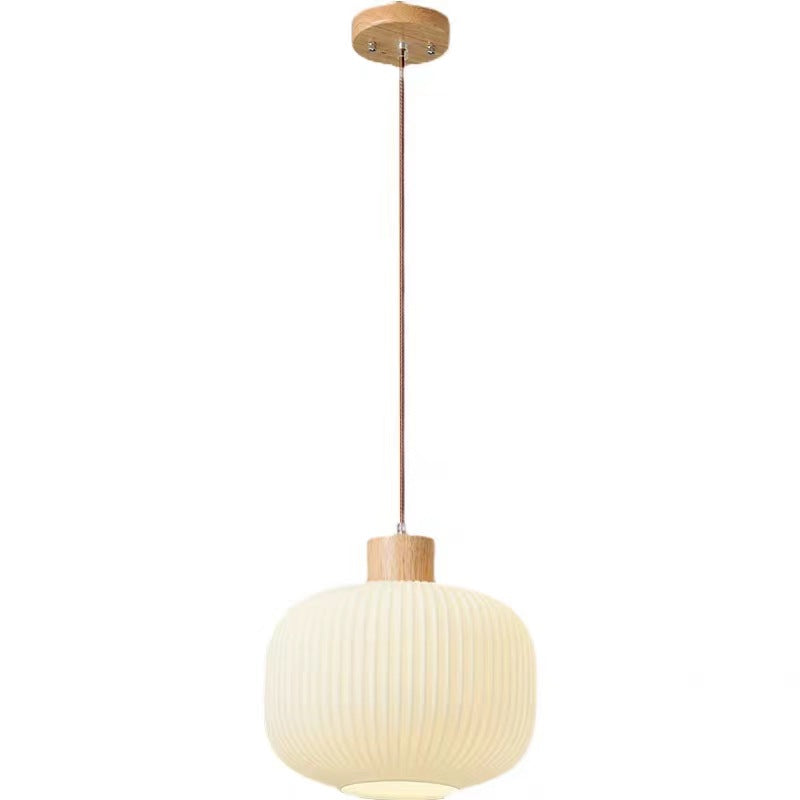 Traditional Japanese Cylindrical Lantern-Shaped Wooden Woven Glass 1-Light Pendant Light For Living Room