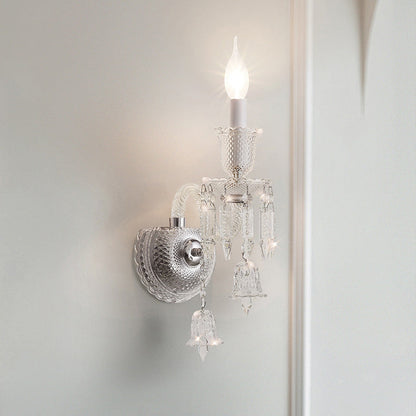 Contemporary Luxury Candle-Shaped Bell Crystal Iron Glass 1/2 Light Wall Scone Lamp For Bedroom