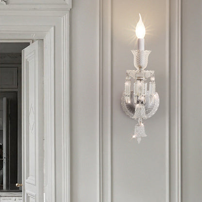 Contemporary Luxury Candle-Shaped Bell Crystal Iron Glass 1/2 Light Wall Scone Lamp For Bedroom