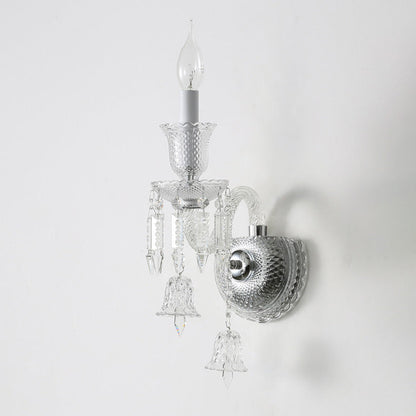 Contemporary Luxury Candle-Shaped Bell Crystal Iron Glass 1/2 Light Wall Scone Lamp For Bedroom