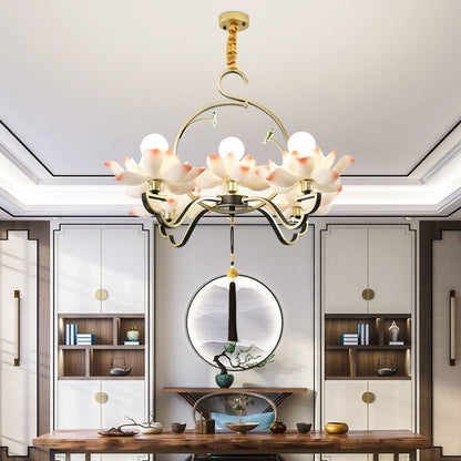 Traditional Chinese Lotus-shaped Round Spherical Iron Acrylic 1/3/5/7 Light Chandelier For Bedroom
