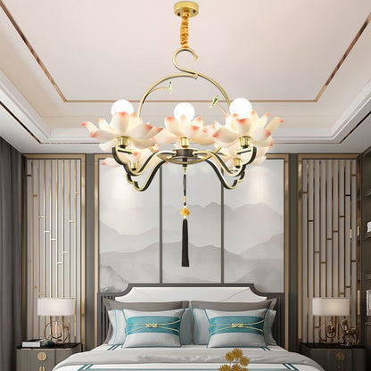 Traditional Chinese Lotus-shaped Round Spherical Iron Acrylic 1/3/5/7 Light Chandelier For Bedroom