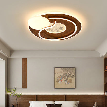 Traditional Chinese Round Rectangular Landscape Painting Iron Acrylic LED Flush Mount Ceiling Light For Bedroom