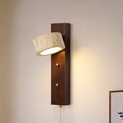 Traditional Farmhouse Round Column Square Yellow Travertine Walnut Iron LED Wall Sconce Lamp For Bedroom