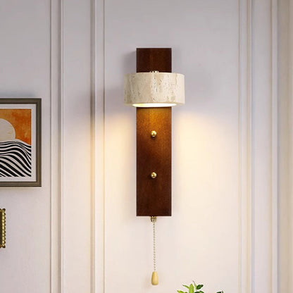 Traditional Farmhouse Round Column Square Yellow Travertine Walnut Iron LED Wall Sconce Lamp For Bedroom