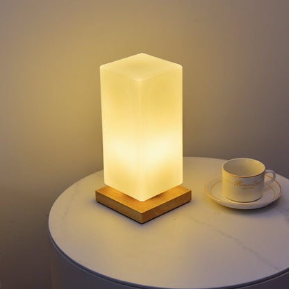 Modern Minimalist Cylindrical Square Wooden Glass LED Table Lamp For Bedroom