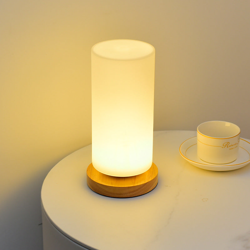 Modern Minimalist Cylindrical Square Wooden Glass LED Table Lamp For Bedroom