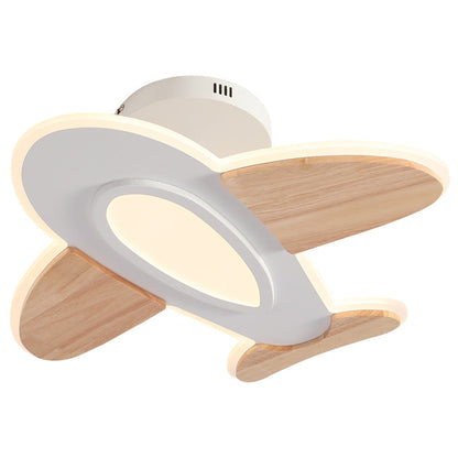 Contemporary Creative Kid Aircraft-Shaped Round Iron Aluminum Acrylic Wooden LED Semi-Flush Mount Ceiling Light For Bedroom