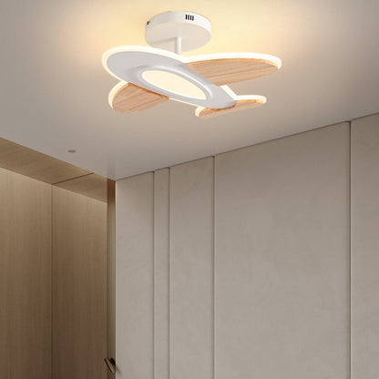Contemporary Creative Kid Aircraft-Shaped Round Iron Aluminum Acrylic Wooden LED Semi-Flush Mount Ceiling Light For Bedroom