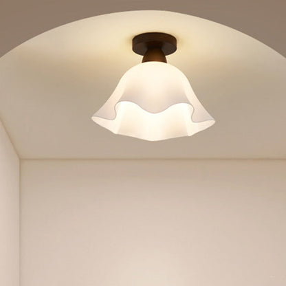 Modern Minimalist Spherical Round Flower-Shaped Wooden Glass 1-Light Semi-Flush Mount Ceiling Lamp For Living Room