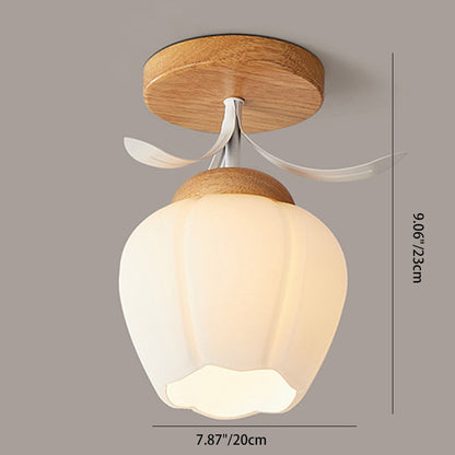 Modern Minimalist Spherical Round Flower-Shaped Wooden Glass 1-Light Semi-Flush Mount Ceiling Lamp For Living Room