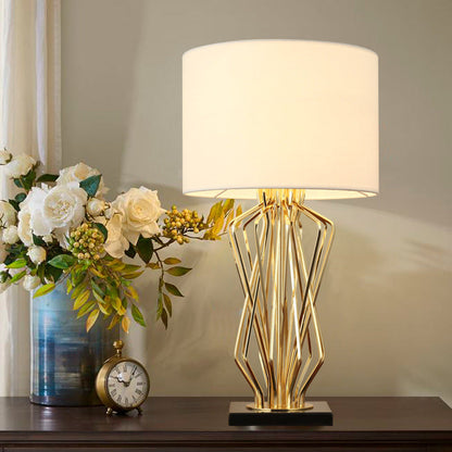 Contemporary Luxury Cylindrical Geometric Metal-Woven Base Marble Iron Fabric 1- Light Table Lamp For Bedroom