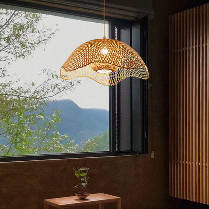 Traditional Rustic Spherical Round Lotus-Shaped Bamboo 1-Light Pendant Light For Living Room
