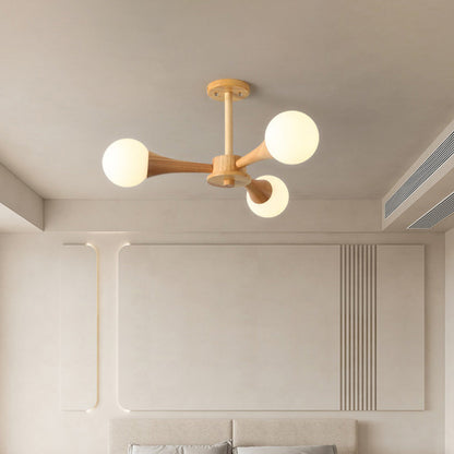 Contemporary Scandinavian Radiating Circular Spherical Wooden Glass 3/4/5 Light Semi-Flush Mount Ceiling Light For Living Room