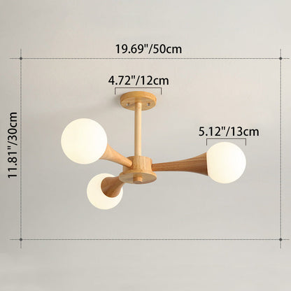Contemporary Scandinavian Radiating Circular Spherical Wooden Glass 3/4/5 Light Semi-Flush Mount Ceiling Light For Living Room