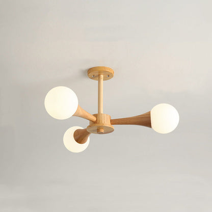 Contemporary Scandinavian Radiating Circular Spherical Wooden Glass 3/4/5 Light Semi-Flush Mount Ceiling Light For Living Room