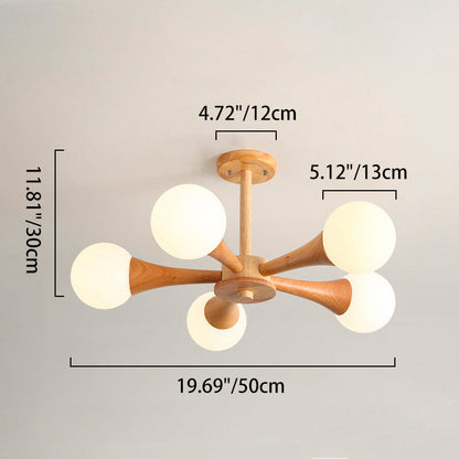 Contemporary Scandinavian Radiating Circular Spherical Wooden Glass 3/4/5 Light Semi-Flush Mount Ceiling Light For Living Room