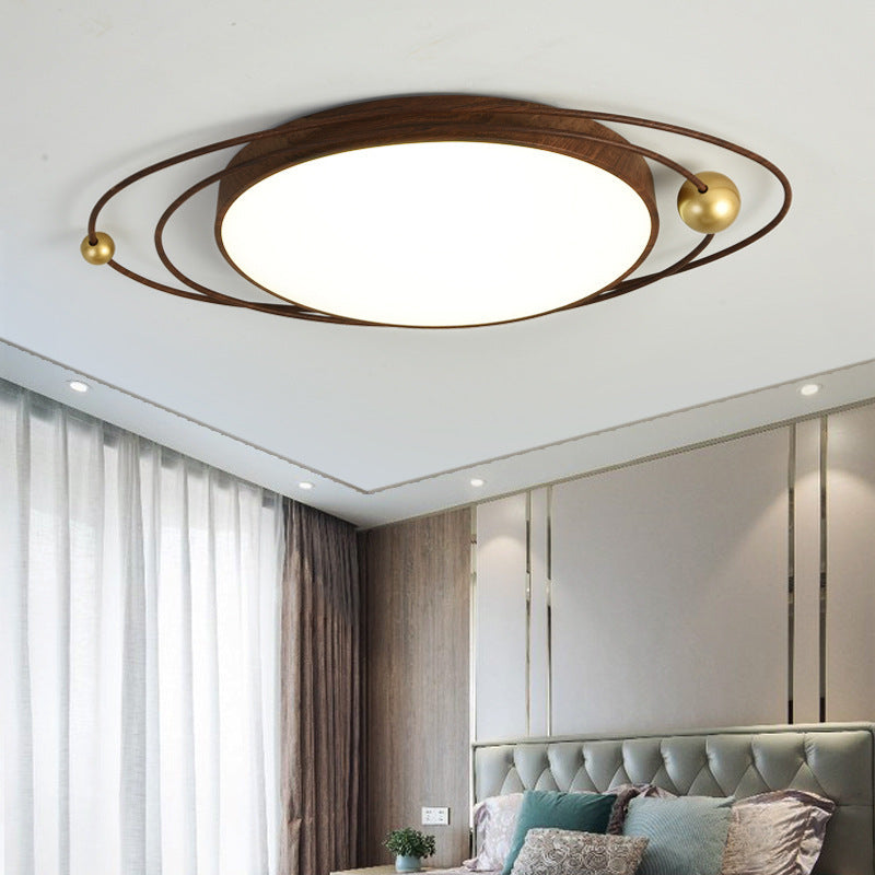 Contemporary Creative Cylindrical Spherical Planetary Shape Iron Acrylic LED Flush Mount Ceiling Light For Bedroom