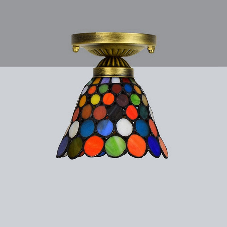 Traditional Tiffany Stained Glass Cup Shade Iron 1-Light Semi-Flush Mount Ceiling Light For Living Room